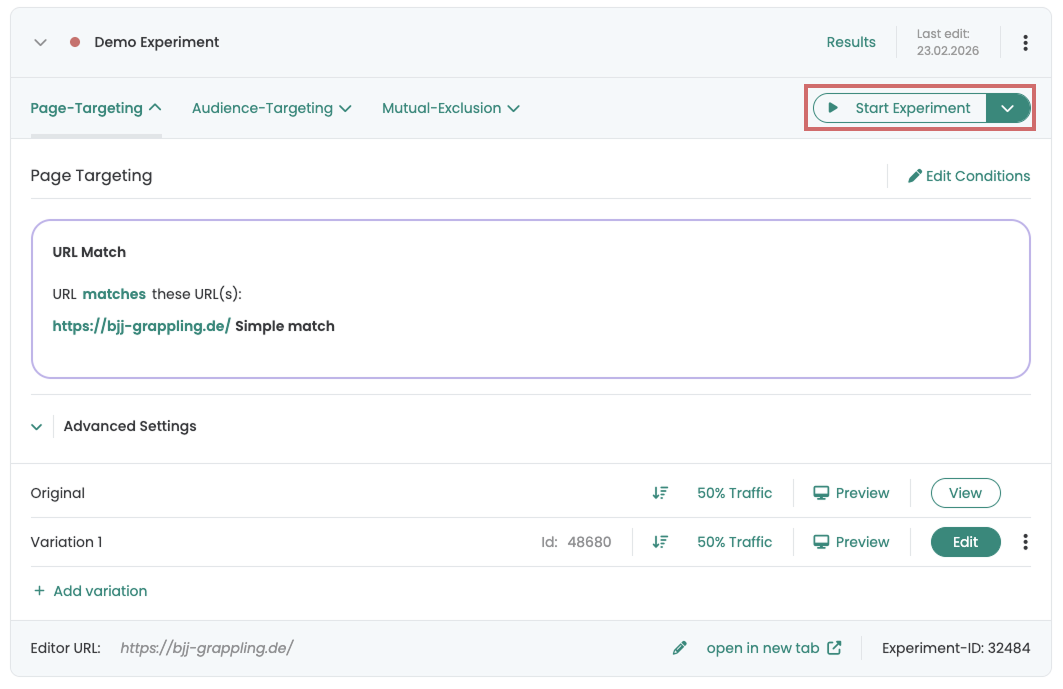 The same experiment with page targeting open and the „Start Experiment“ button highlighted
