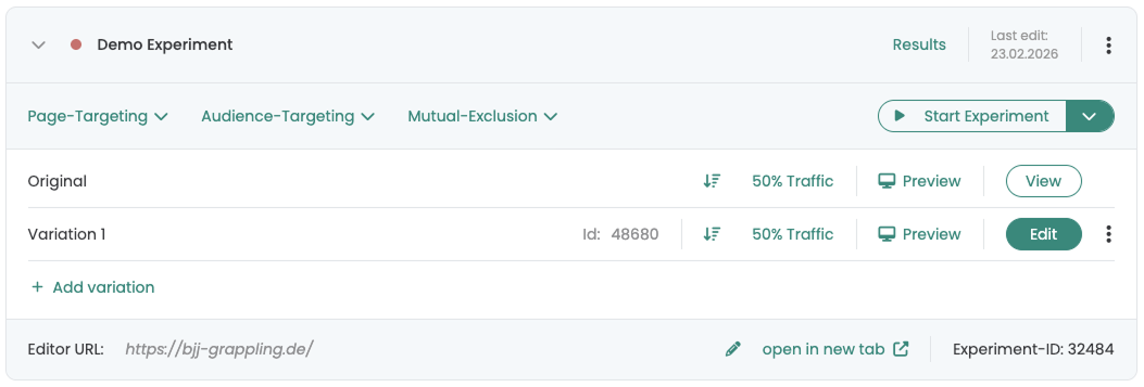 The new „Demo Experiment“ with Original and Variation 1 at 50 % traffic each and the tabs for page, audience and mutual-exclusion targeting