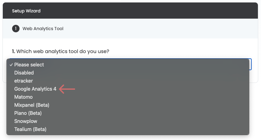 The web analytics tool list with an arrow pointing at „Google Analytics 4“.