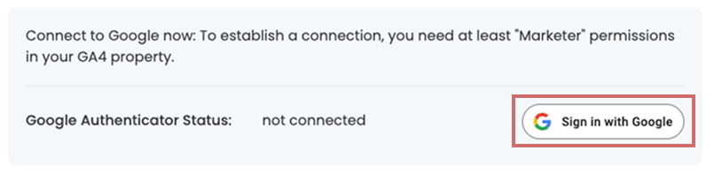 Google authenticator status „not connected“ with the „Sign in with Google“ button.