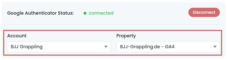 Google connected; below it the Account and Property lists for choosing the GA4 property.