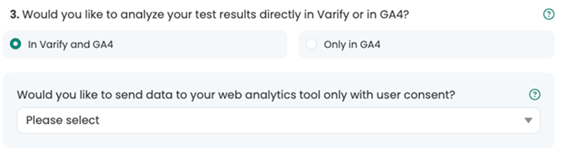 Step 3: „In Varify and GA4“ selected, plus the question whether to send data only with user consent.