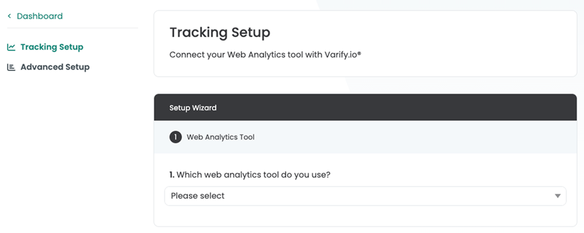 Tracking Setup in Varify: step 1 of the setup wizard asks which web analytics tool you use.