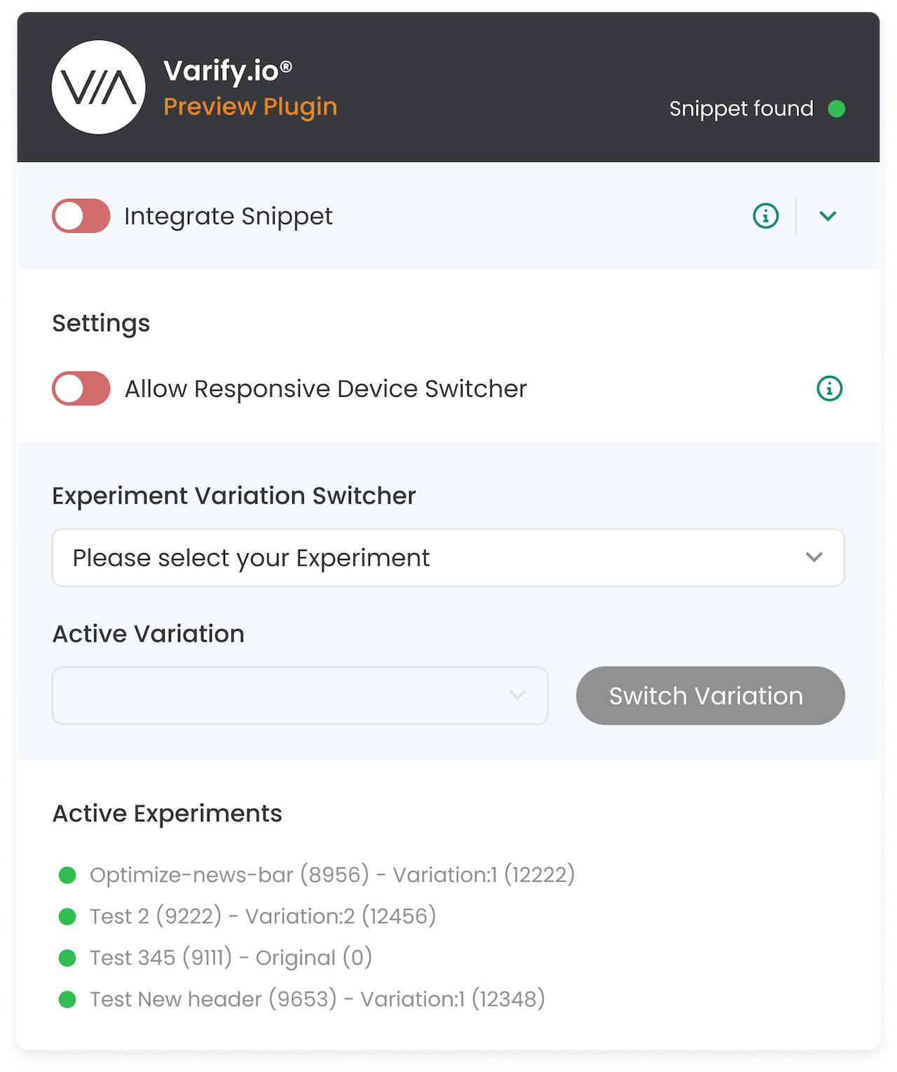 Varify preview plugin reporting „Snippet found“ and listing four active experiments with their assigned variation