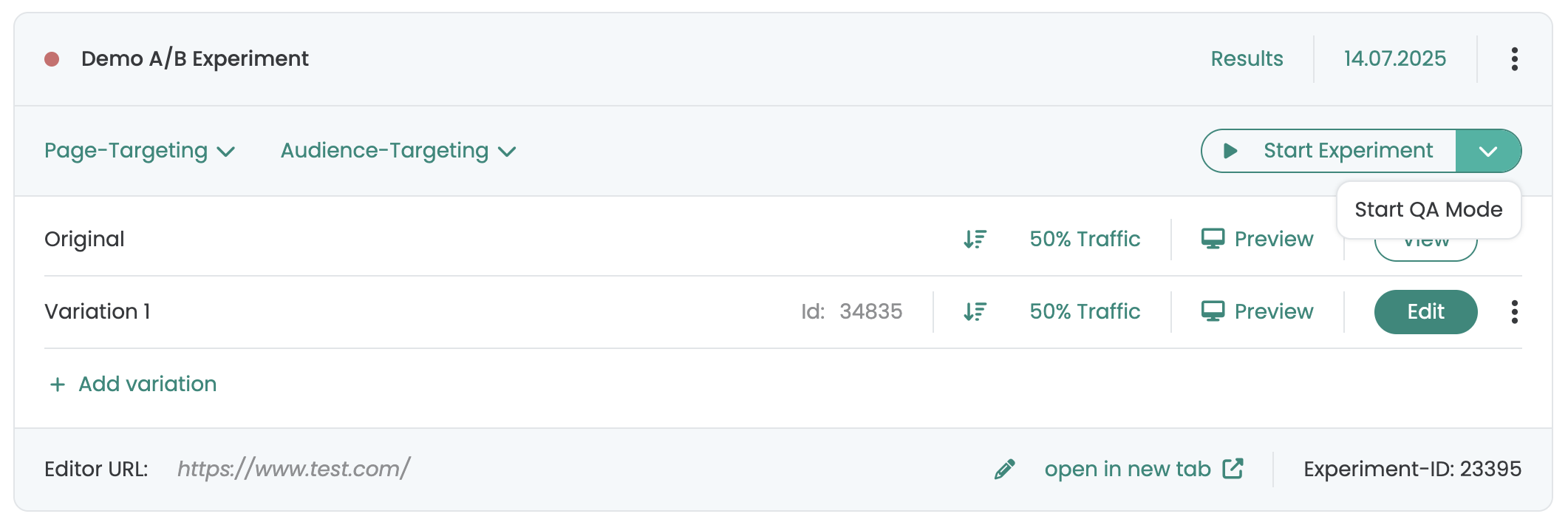 Varify experiment card with the dropdown next to „Start Experiment“ open, showing the entry „Start QA Mode“
