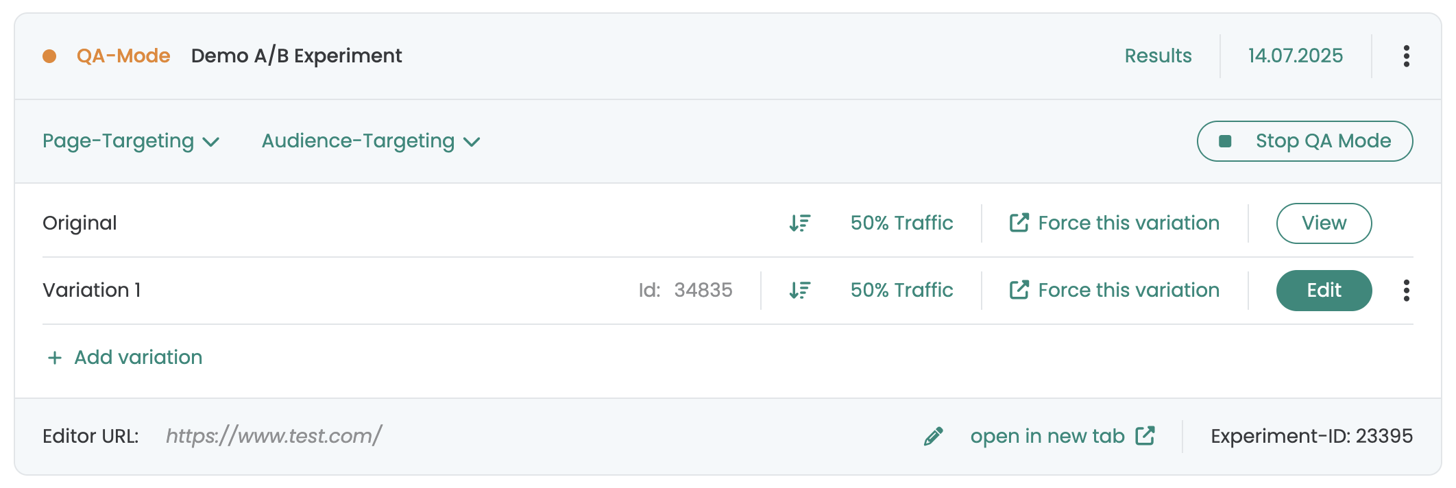 The same experiment in QA mode: an orange „QA-Mode“ label, „Stop QA Mode“ and a „Force this variation“ link per variation