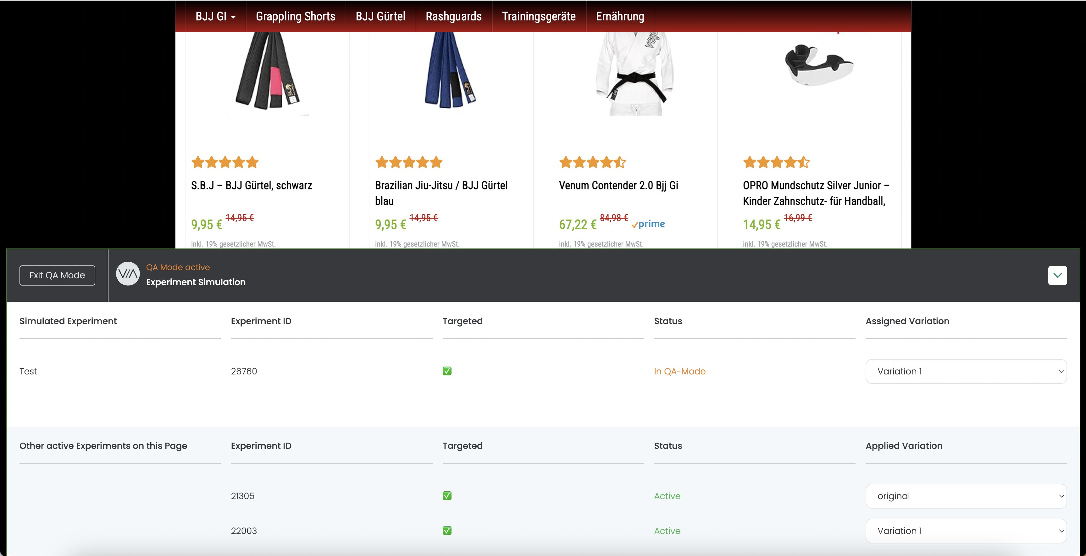 QA mode bar on the live shop: the simulated experiment 26760 is set to Variation 1, below it two other active experiments with their applied variation