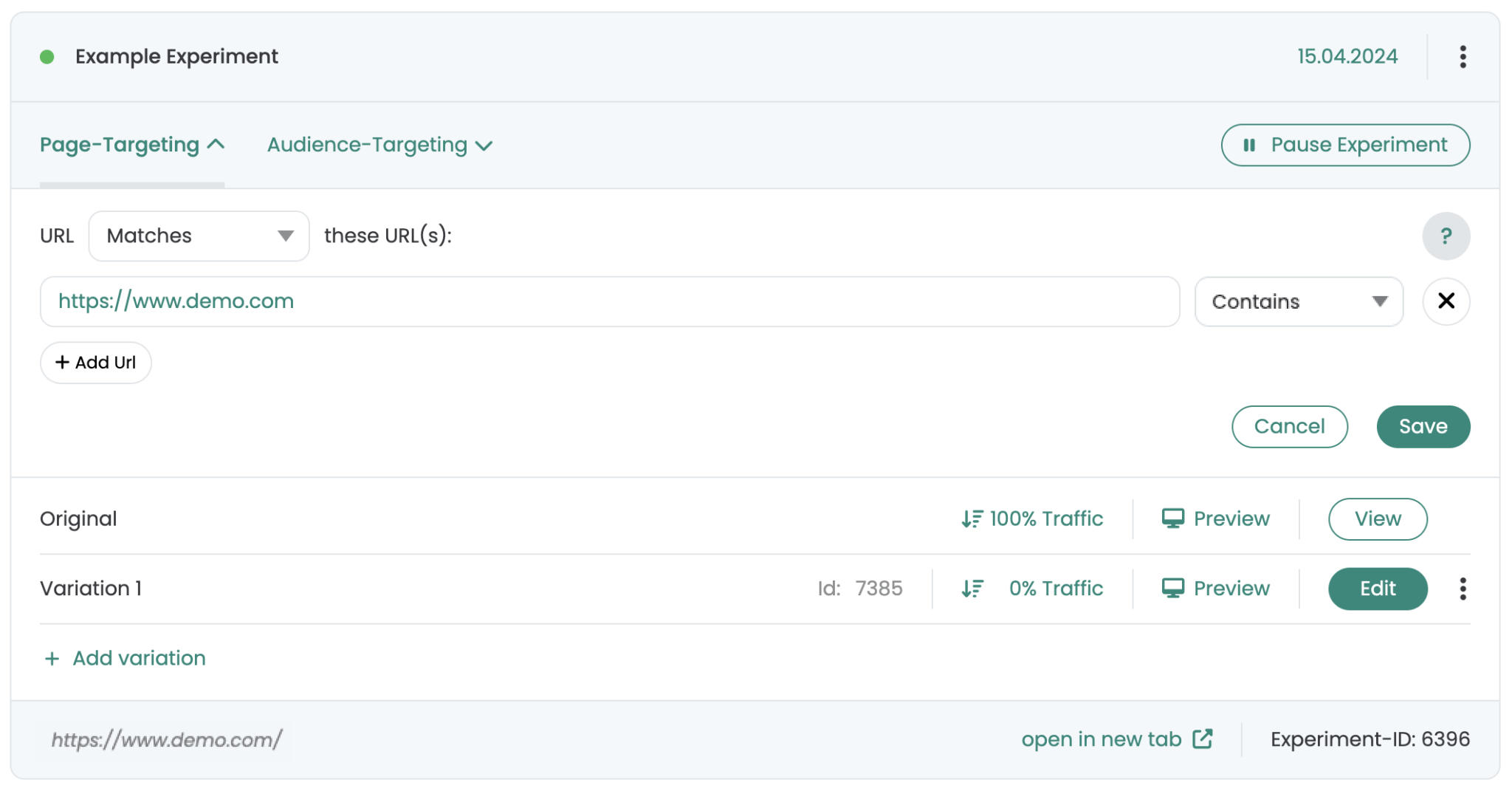Running experiment whose page targeting matches demo.com; the Original gets 100 % traffic and Variation 1 gets 0 %
