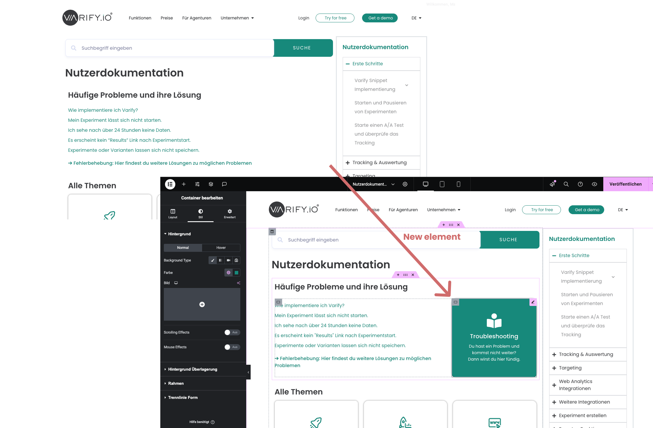 Live page and Elementor editor side by side; an arrow points at the new element that has been added in the editor
