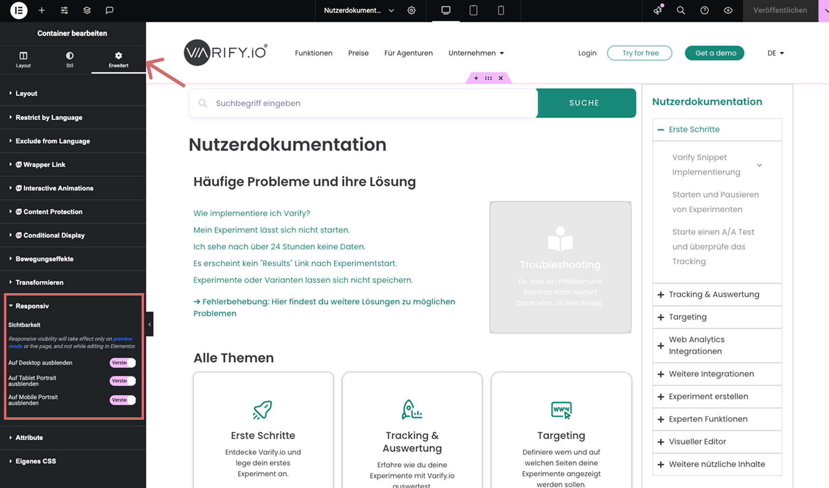 Elementor tab „Erweitert“ with the section „Responsiv“ highlighted, where the element is hidden on desktop, tablet and mobile