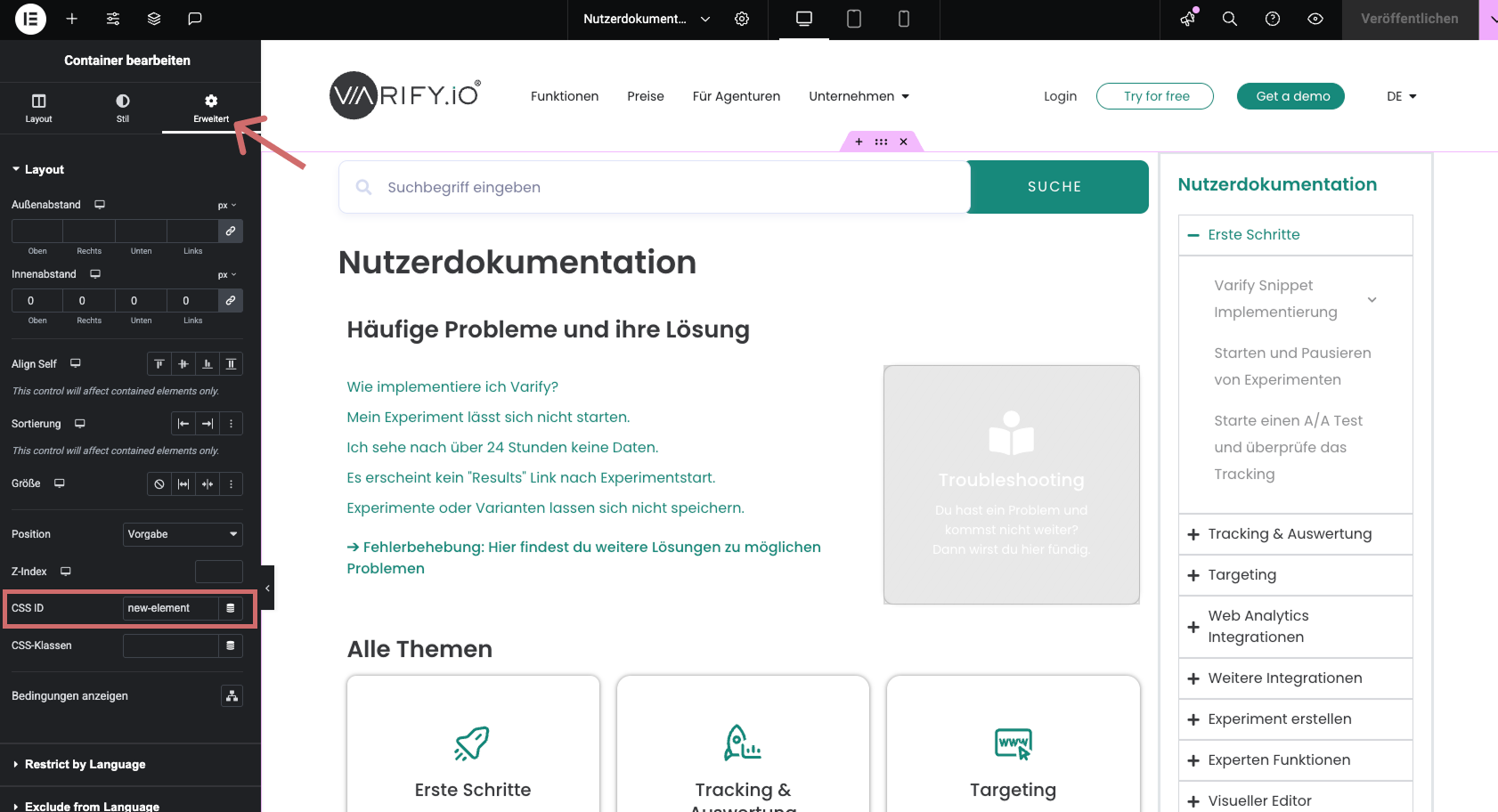 Elementor tab „Erweitert“ with the CSS ID „new-element“ entered for the hidden container