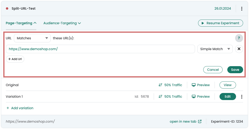 Varify „Split-URL-Test“ with the page targeting open: the shop URL is matched with „Simple Match“