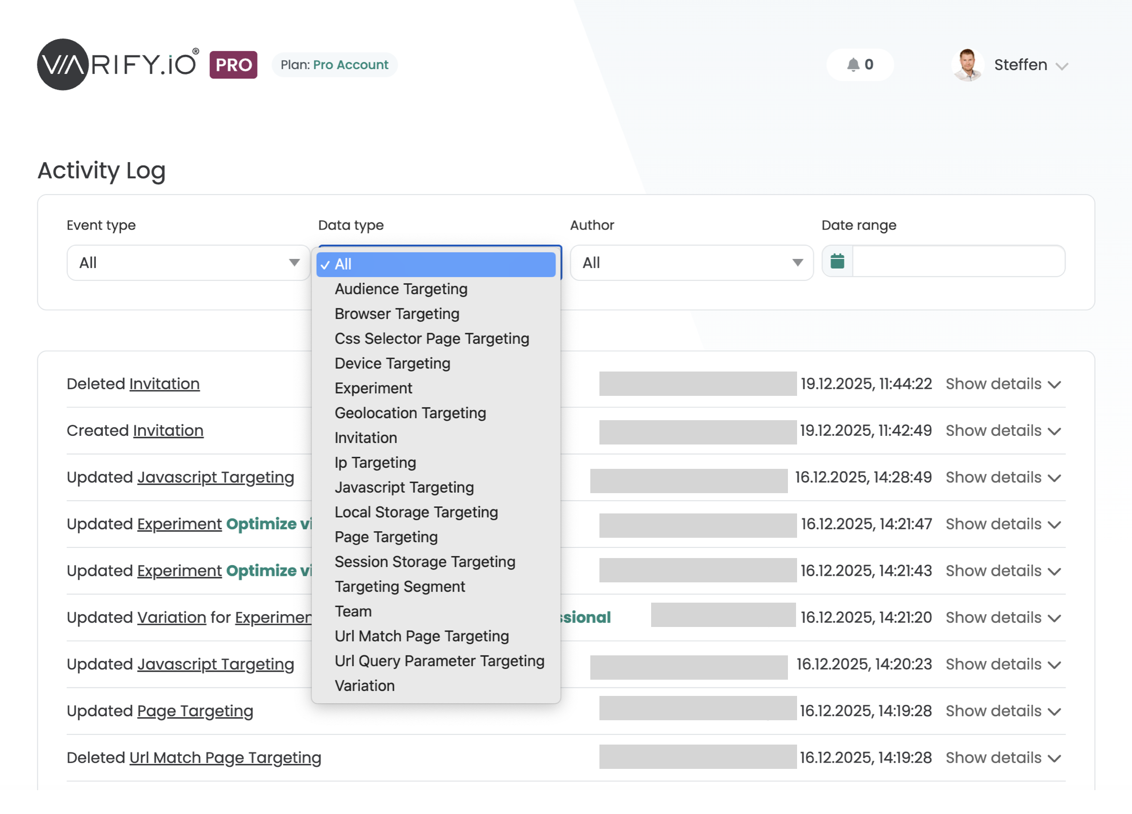 Varify „Activity Log“ with the „Data type“ filter open, listing entries from Audience Targeting to Variation above the logged changes