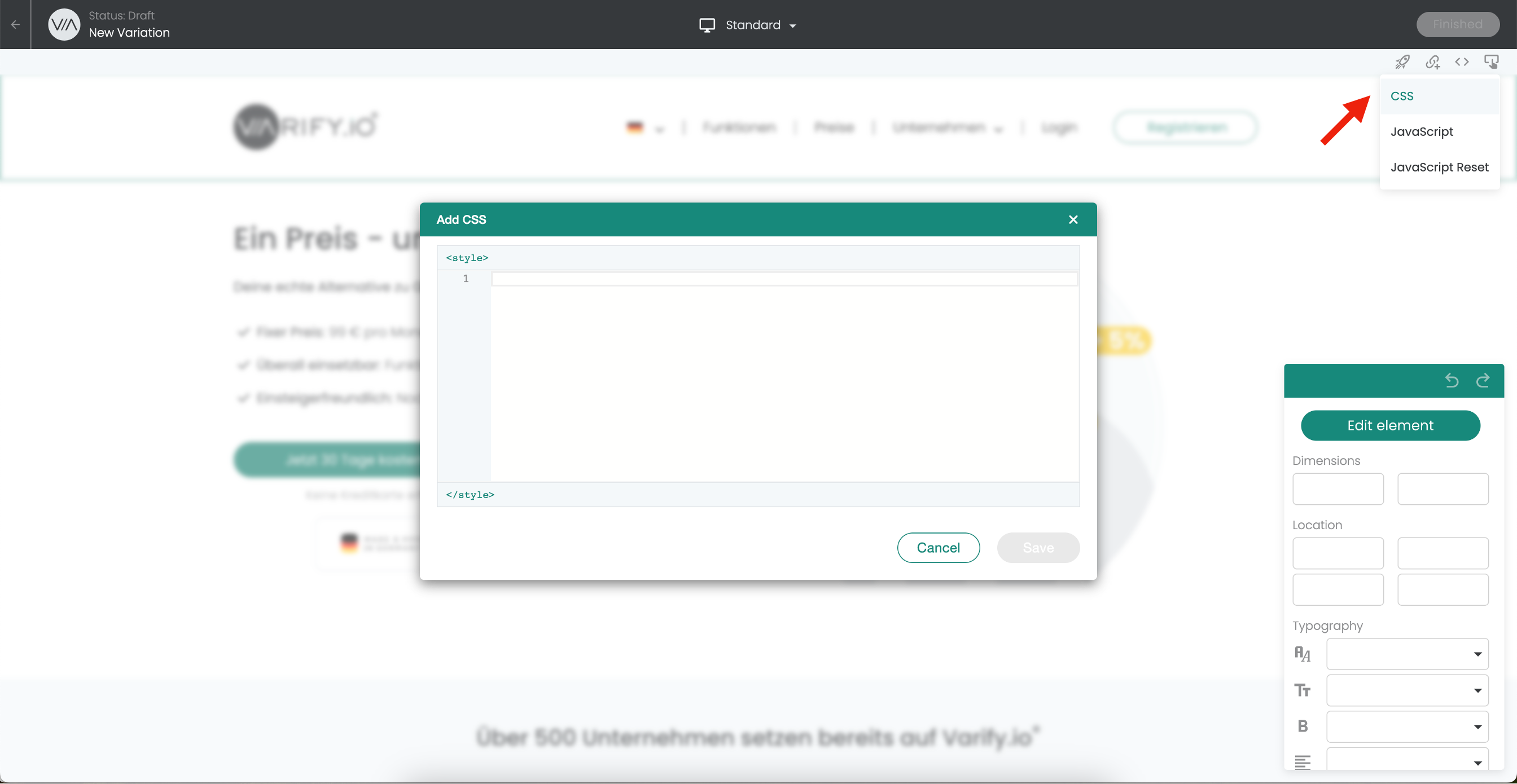 The Varify editor with the code menu open on CSS and the „Add CSS“ dialog showing an empty style block.