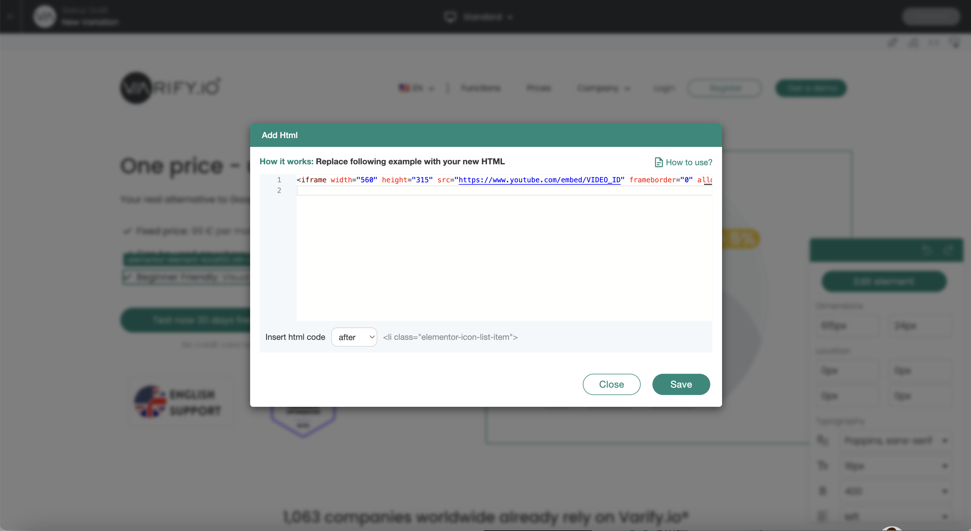 Varify dialog „Add Html“ with an iframe example; below it the insertion point „after“ and the selected element
