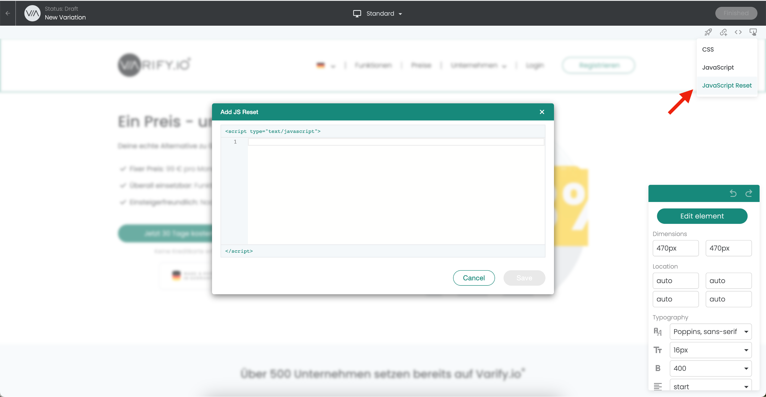 Varify editor with the code menu open, an arrow at „JavaScript Reset“ and the empty dialog „Add JS Reset“