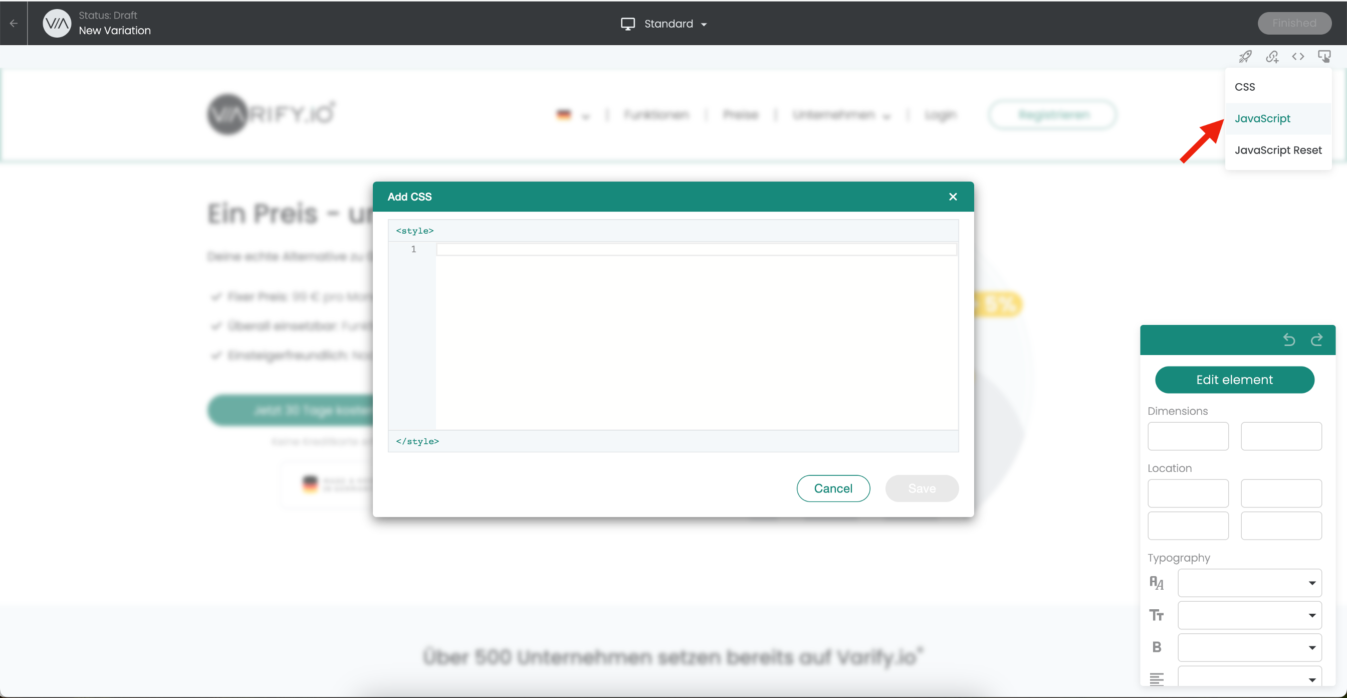 Varify editor with the code menu open; an arrow points at the entry „JavaScript“ next to CSS and JavaScript Reset