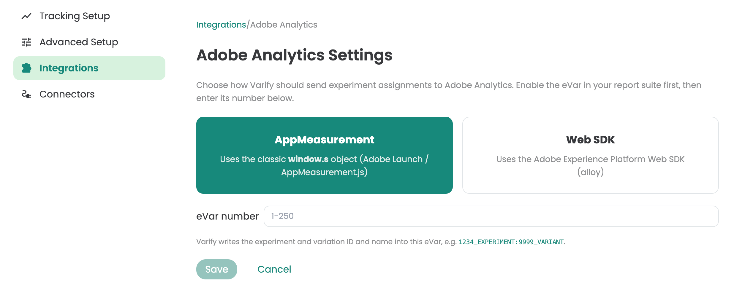 Varify settings „Adobe Analytics Settings“ under Integrations: the methods „AppMeasurement“ (selected) and „Web SDK“, and below them the field „eVar number“