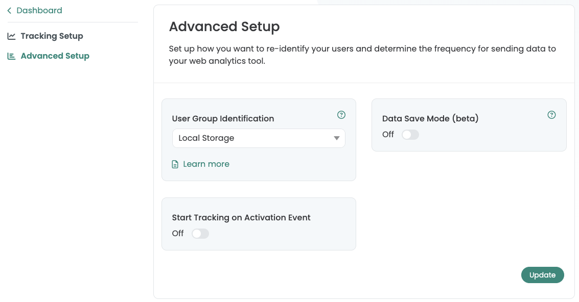 Advanced Setup with User Group Identification on Local Storage, Data Save Mode and Start Tracking on Activation Event both off.