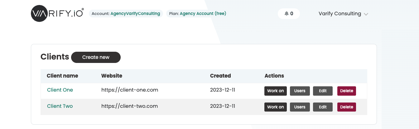 Agency dashboard with the client list; each row offers „Work on“, „Users“, „Edit“ and „Delete“ next to the „Create new“ button