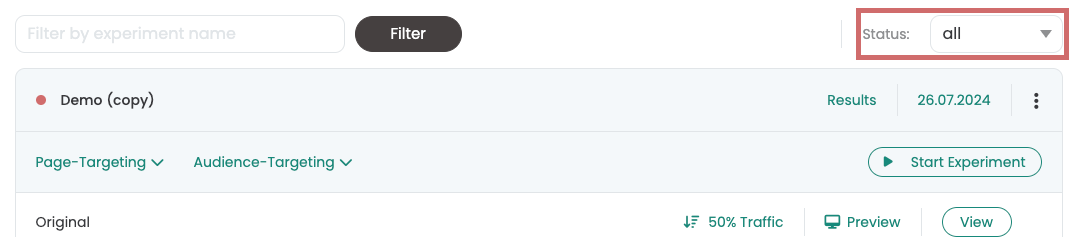 Experiment list back on status „all“, showing the copy „Demo (copy)“ ready to start