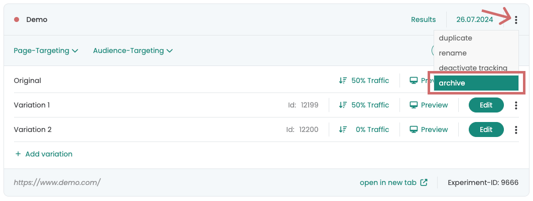 Experiment menu open with the entries duplicate, rename, deactivate tracking and the highlighted „archive“