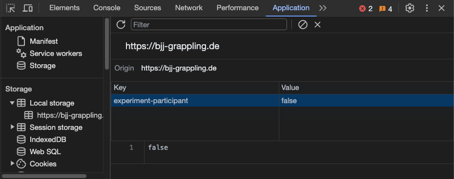 DevTools local storage with „experiment-participant: false“ as the only entry