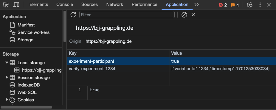 DevTools local storage with „experiment-participant: true“ and the entry „varify-experiment-1234“ holding the assigned variation ID