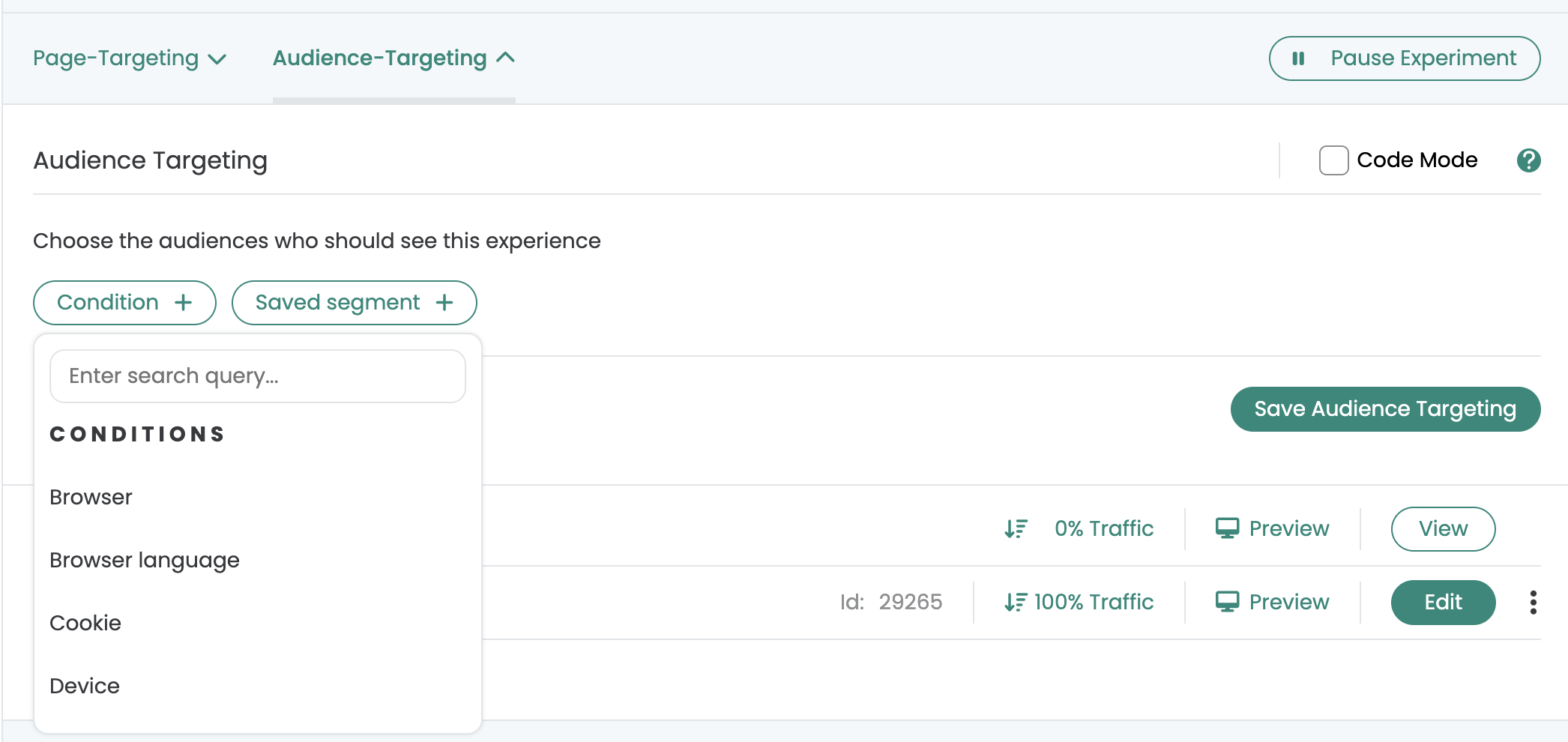 Tab „Audience-Targeting“ with the „Condition“ list open, offering Browser, Browser language, Cookie and Device