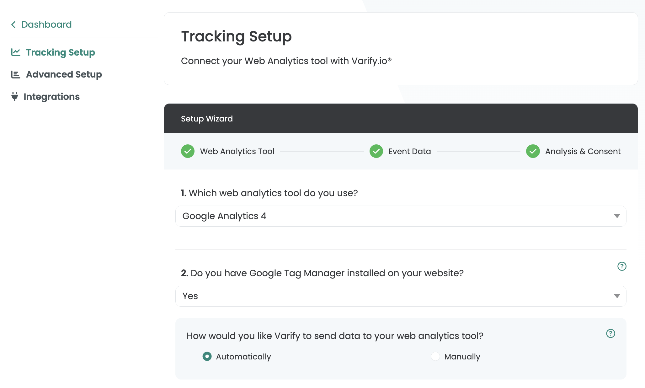 Varify setup wizard: GA4 as the web analytics tool, Google Tag Manager „Yes“ and data transfer set to „Automatically“