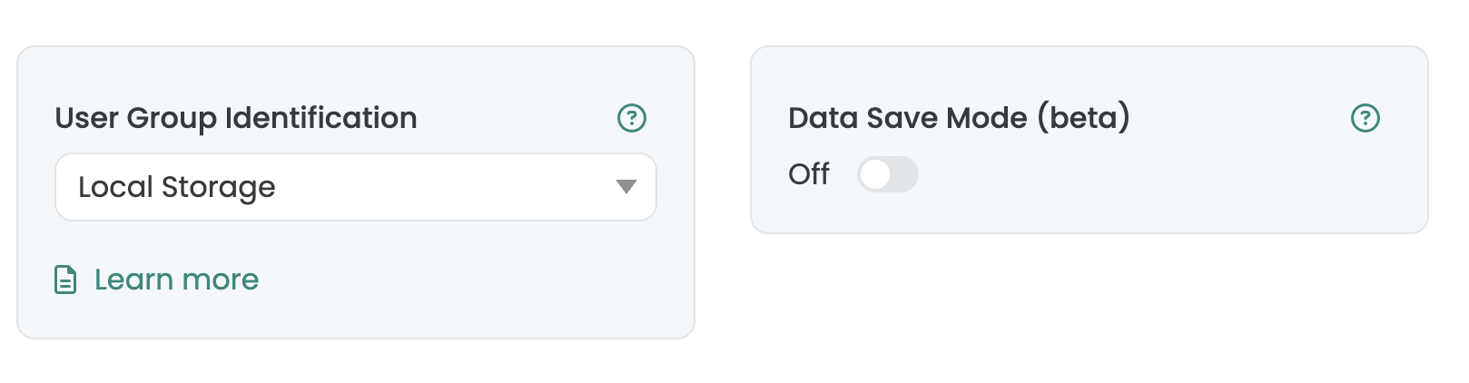 Configuración avanzada de Varify con «User Group Identification» activado en «Local Storage» y «Data Save Mode (beta)» desactivado