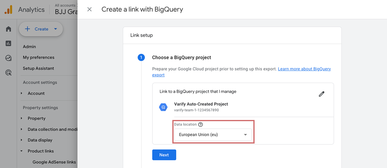 GA4 link setup with the Varify project chosen and the data location set to „European Union (eu)“