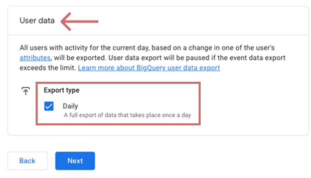 GA4 step „User data“ with export type „Daily“ ticked