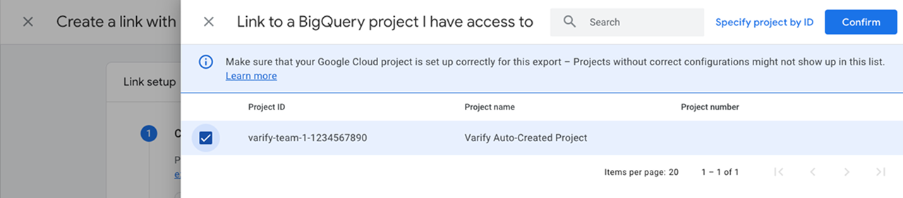 GA4 dialog „Link to a BigQuery project I have access to“ with „Varify Auto-Created Project“ ticked as the only entry