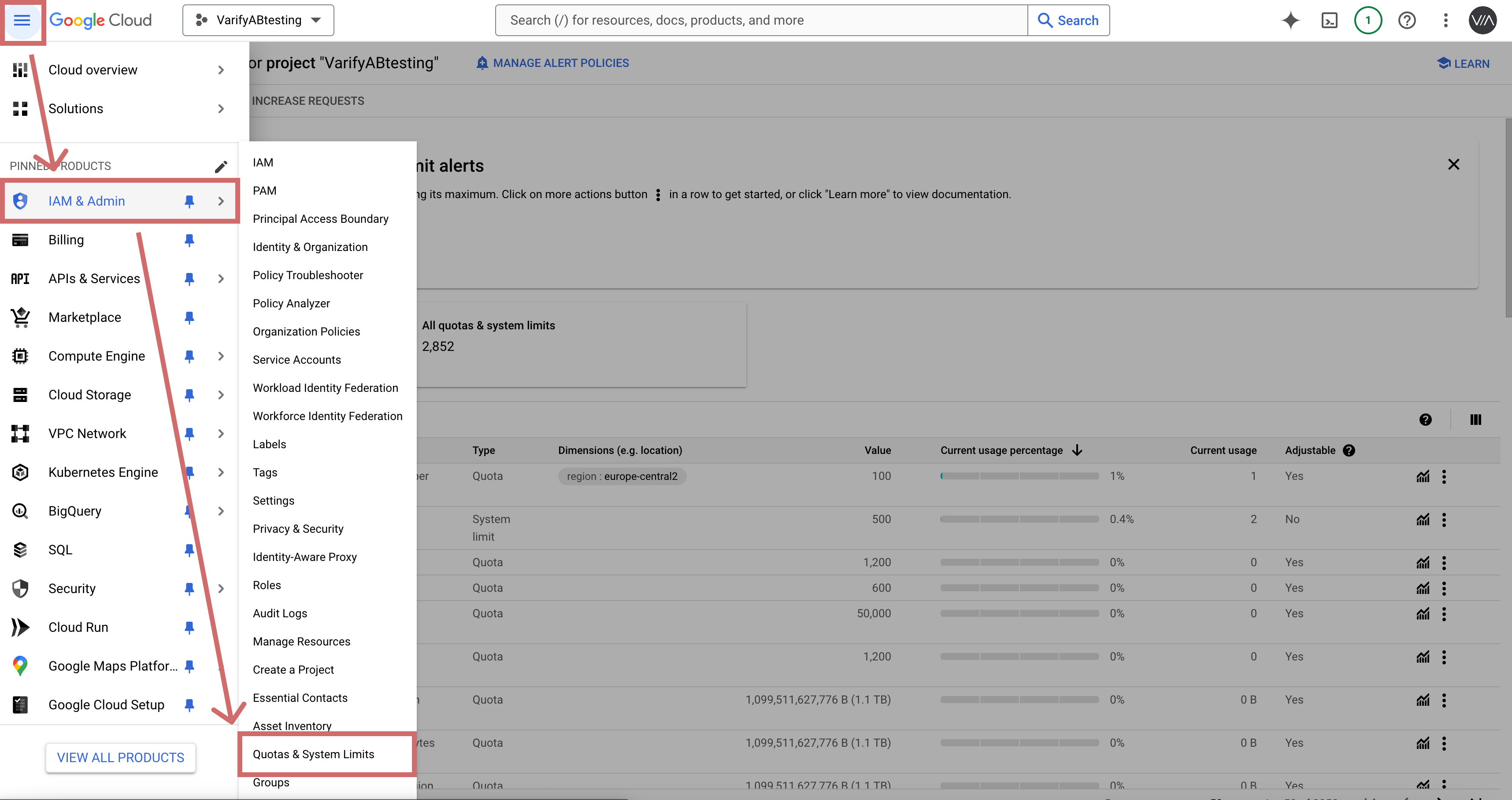 Google Cloud menu with „IAM & Admin“ open and the entry „Quotas & System Limits“ highlighted