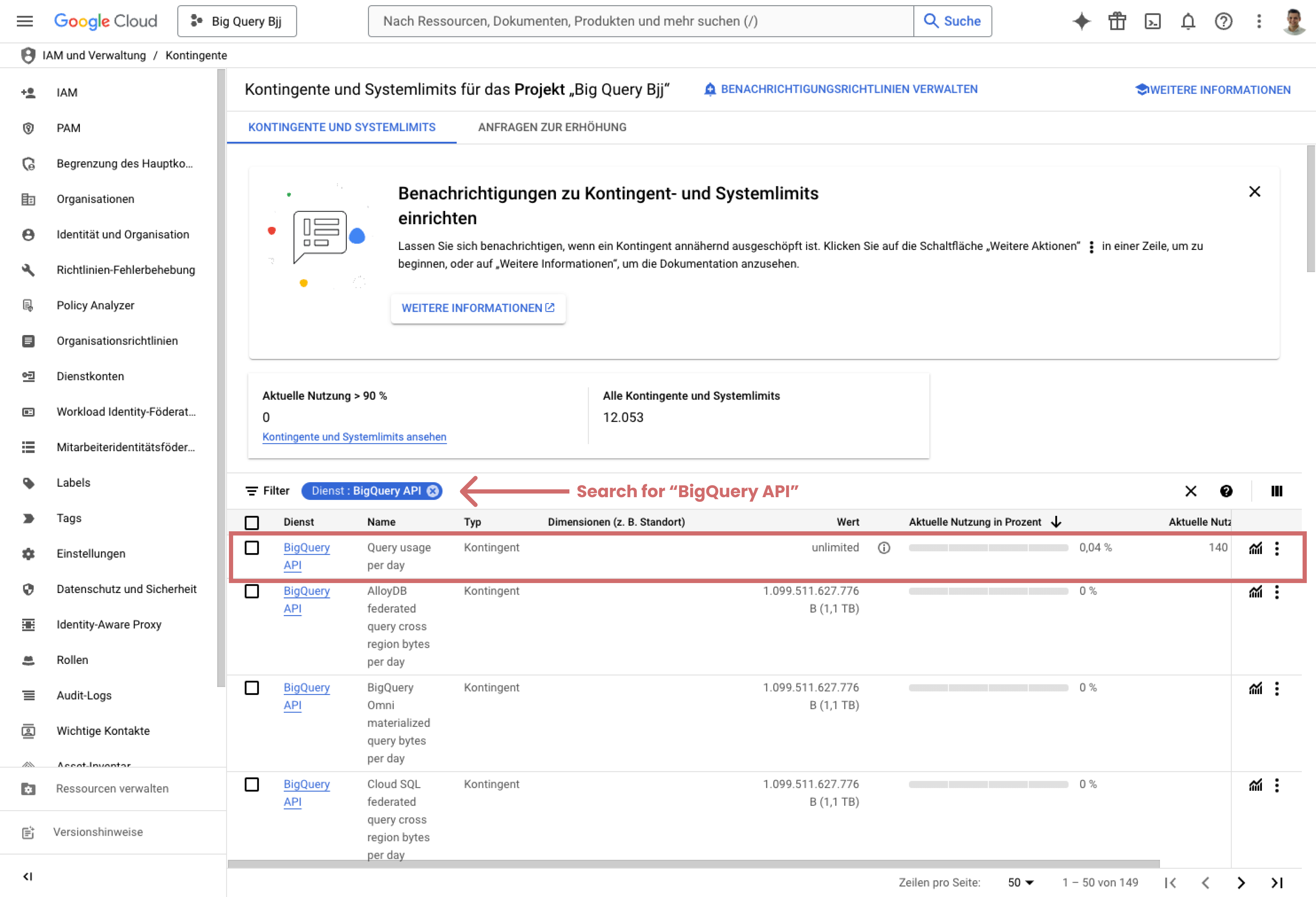 Quota list filtered to the BigQuery API; the row „Query usage per day“ is highlighted