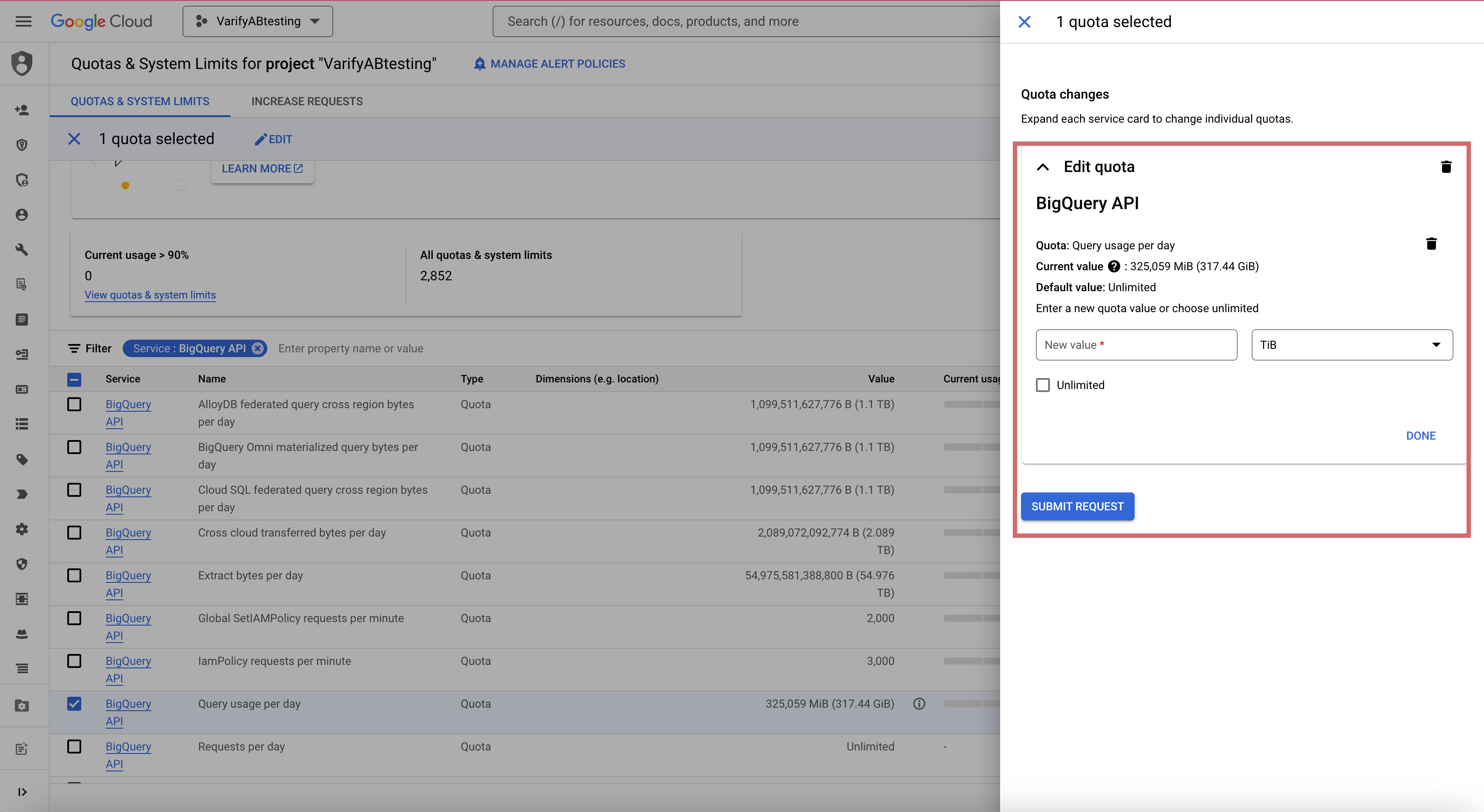 Panel „Edit quota“ for the BigQuery API where a new daily query volume in TiB is entered instead of unlimited