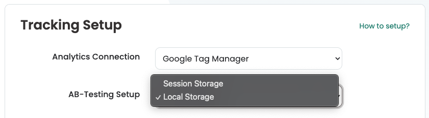 The Tracking Setup with the „AB-Testing Setup“ list open, showing Session Storage and the selected Local Storage.