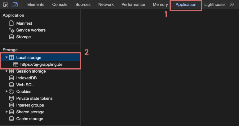 Chrome developer tools: step 1 marks the „Application“ tab, step 2 marks „Local storage“ and the entry for the site below it.
