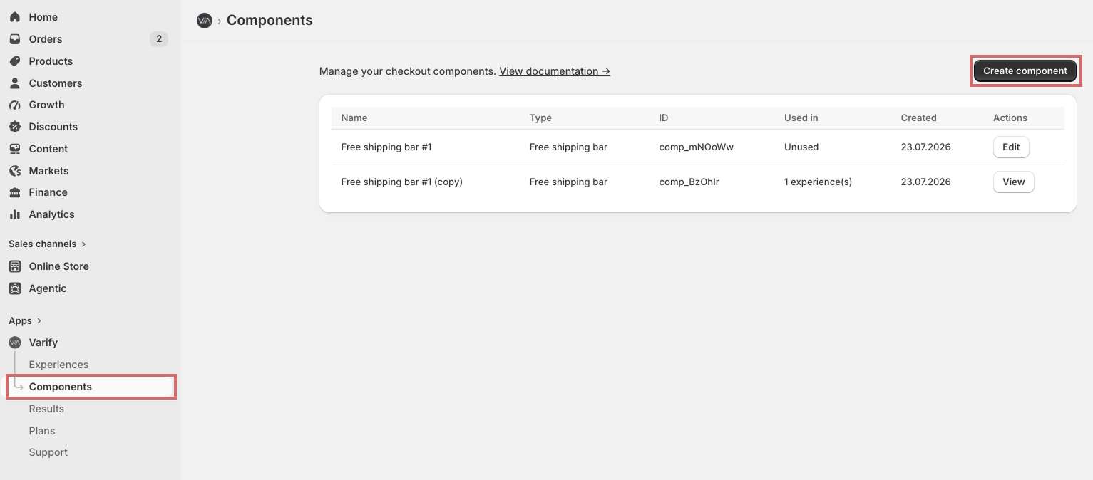 Varify-App innerhalb von Shopify: Der Eintrag „Komponenten“ in der Seitenleiste und die Schaltfläche „Komponente erstellen“ sind oberhalb der Komponentenliste hervorgehoben