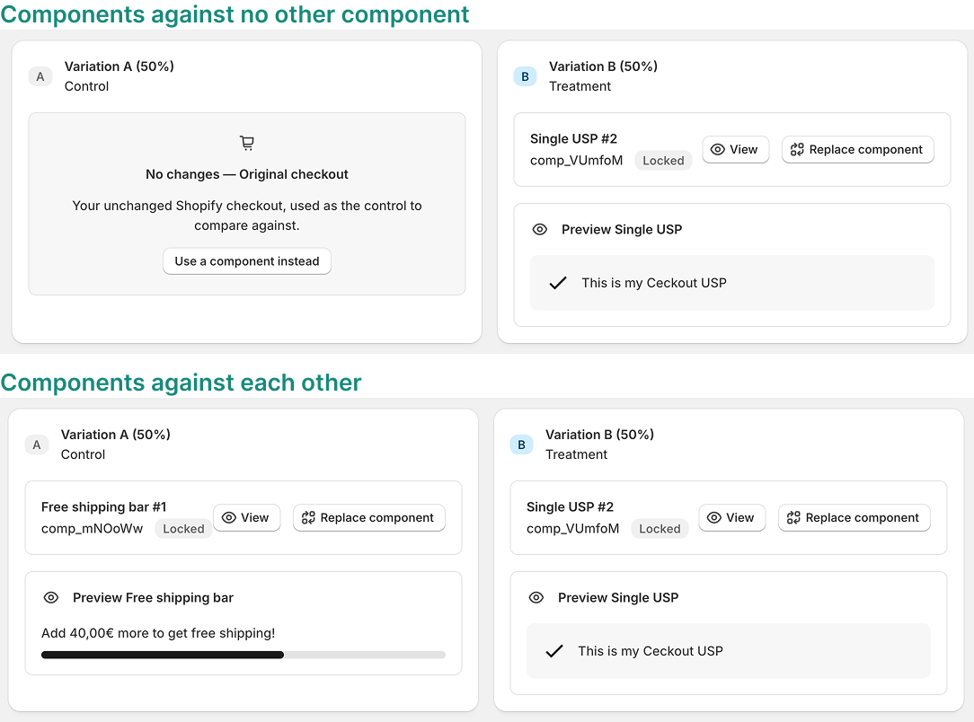 Zwei Experiment-Setups im Vergleich: oben läuft eine Komponente gegen den unveränderten Checkout, unten laufen zwei Komponenten gegeneinander