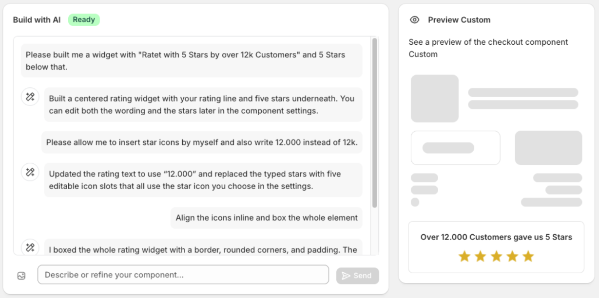 „Build with AI“-Chat zur Verfeinerung eines Bewertungs-Widgets; die Vorschau rechts zeigt „Over 12.000 Customers gave us 5 Stars“ mit fünf Sternen
