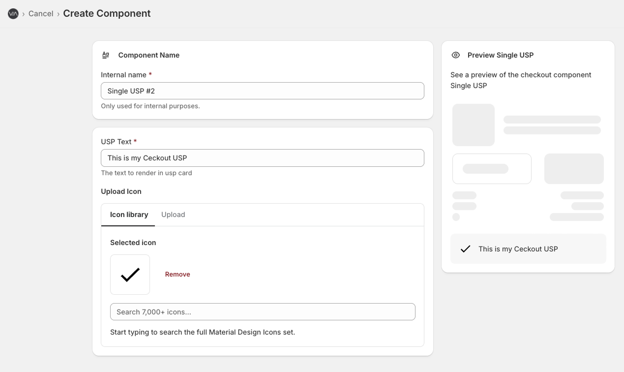 Varify-Bildschirm „Create Component“ für ein „Single USP“ mit internem Namen, USP-Text und dem gewählten Check-Icon; die Live-Vorschau befindet sich rechts