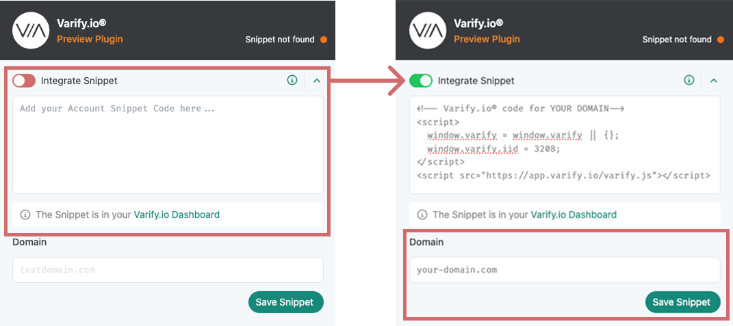 Before and after: with „Integrate Snippet“ switched on, the account snippet and the domain are entered and saved with „Save Snippet“