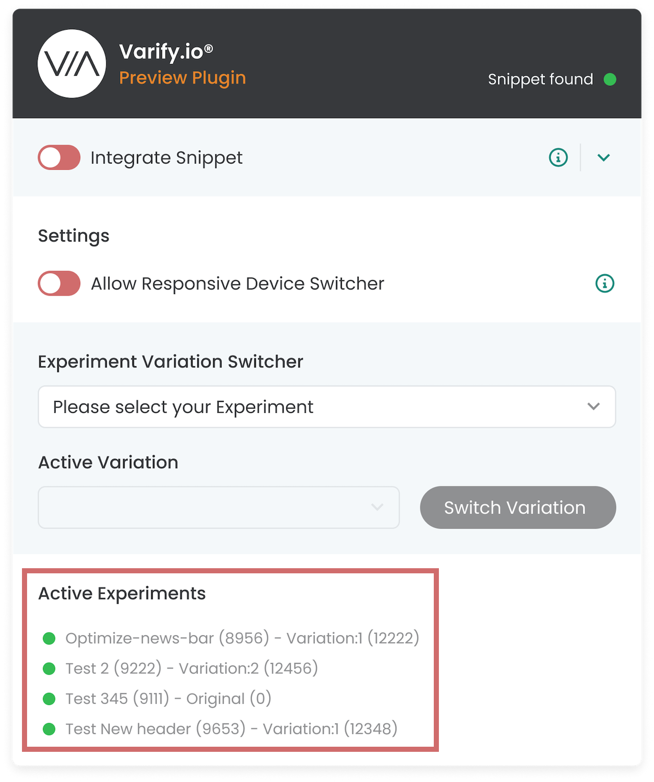 Plugin with the highlighted „Active Experiments“ list, naming each running experiment with its ID and the variation the visitor sees