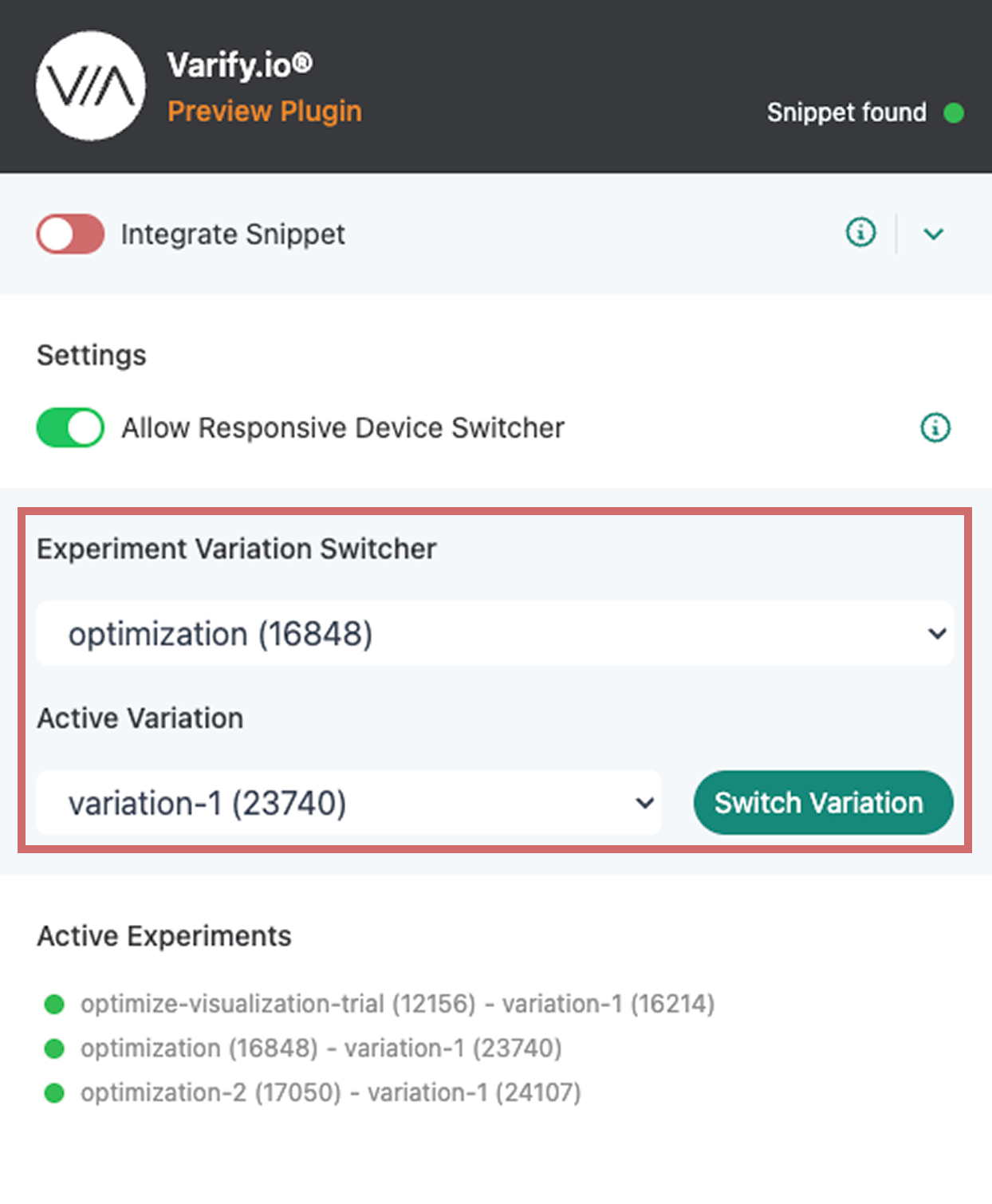 Plugin with experiment „optimization (16848)“ chosen and „variation-1 (23740)“ set as the active variation before „Switch Variation“