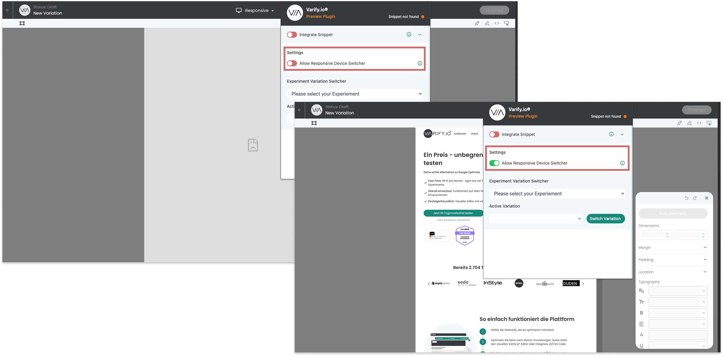 Varify editor with the device switcher off, showing an empty page, and with it on, showing the rendered page
