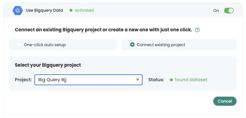 Varify card „Use Bigquery Data“ with „Connect existing project“ selected; the chosen project reports the status „found dataset“