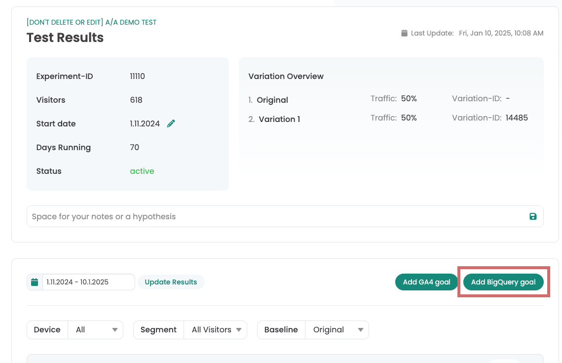 Varify test results with the button „Add BigQuery goal“ highlighted next to „Add GA4 goal“