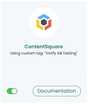 The Contentsquare card on the Integrations page in Varify, switched on, using the custom tag „Varify AB Testing“